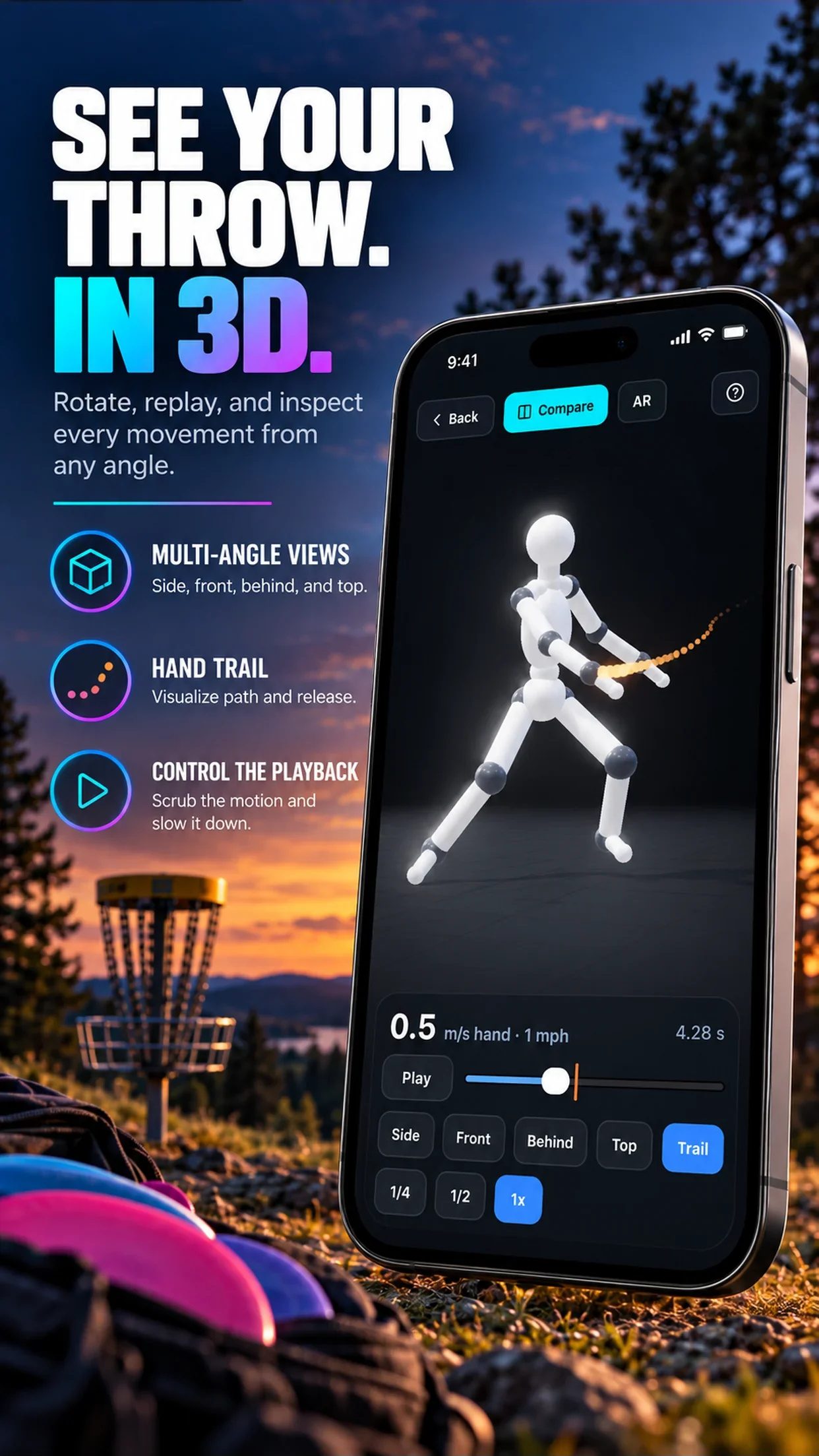 3D Throw: a disc golf throw rebuilt as a 3D body with view presets, hand trail and slow-motion controls