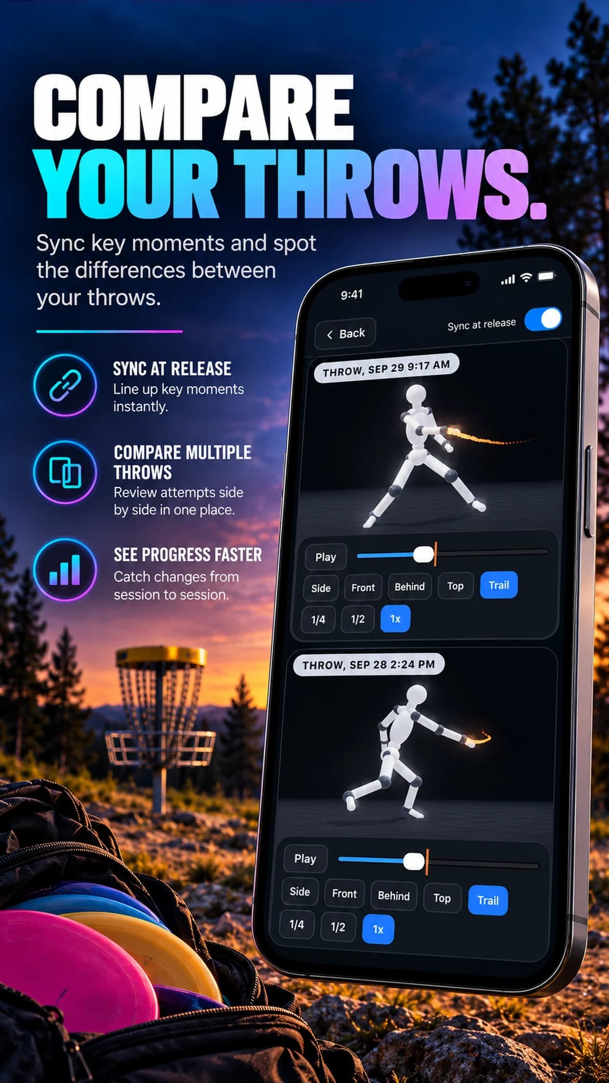 Compare two throws side by side, synced at the moment of release
